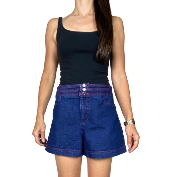 REVIEW 'Going Sailing' Indigo Denim Button Front Stretch Retro Shorts Size 12 - Picture 5 of 13